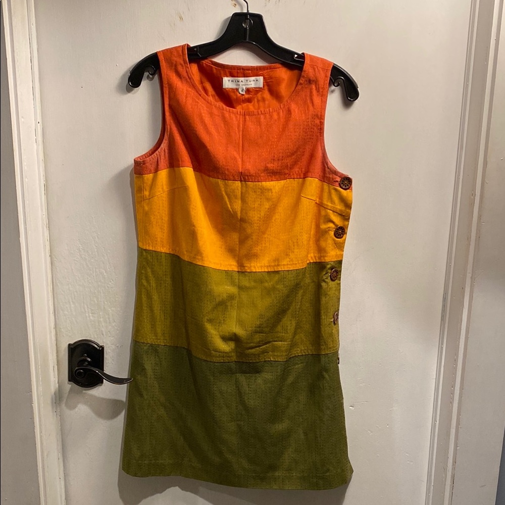 Trina Turk Colorblock Midi Dress - Orange, Yellow, Green